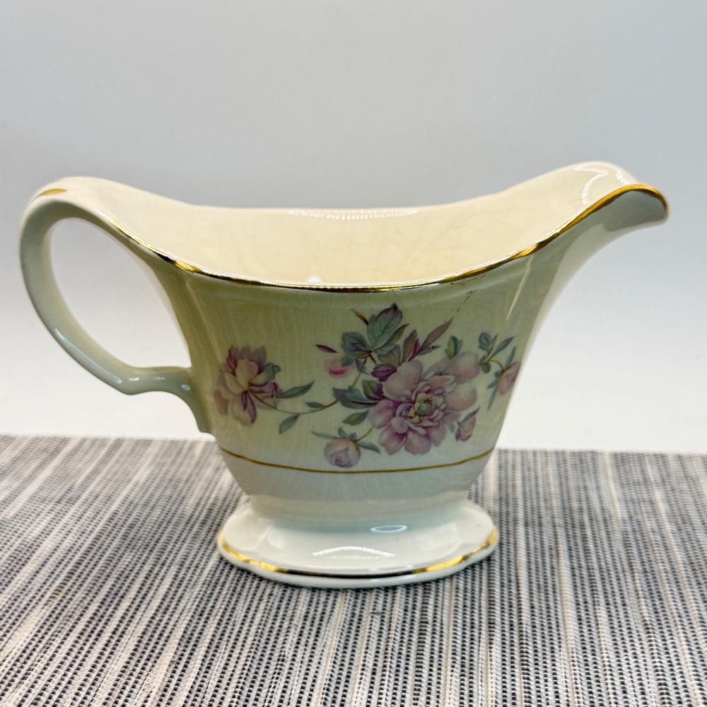 Edwin M Knowles China Gravy Boat Vintage Floral Gold Trim Semi Vitreous 1944 USA